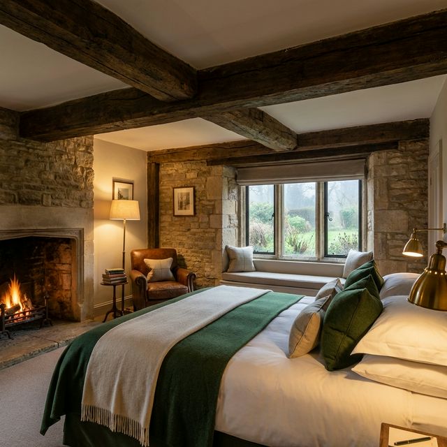 Cosy luxury bedroom with stone fireplace