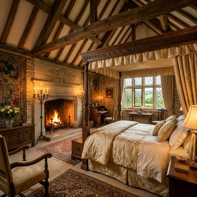Deluxe Room with four-poster bed and stone fireplace